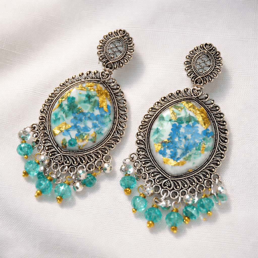 Handcrafted Aqua Gold-Flake Resin Earrings